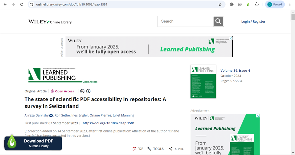 A view of LibKey automated guidance from an off-campus network. 