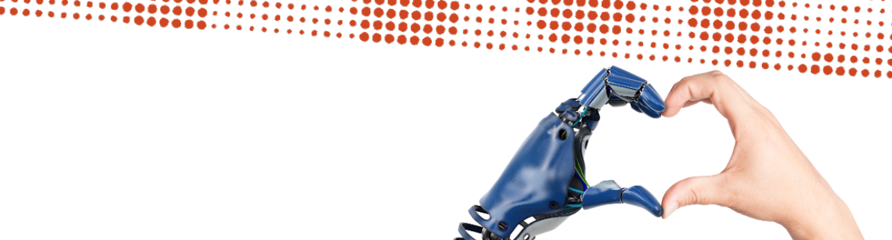 A blue robotic prosthetic hand and a human hand form a heart, symbolizing technology, connection, compassion, and hope.