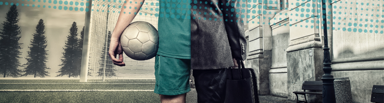 Play Ball!: The Business of Sports Split image: left, a soccer player in green holding a ball, with a goal and trees in the background; right, a businessperson in a suit holding a briefcase by a building.