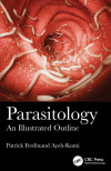 Book cover for *Parasitology: An Illustrated Outline* by Patrick Ferdinand Ayeh-Kumi, featuring a vivid, unsettling illustration of pale worms inside red intestinal tissue.