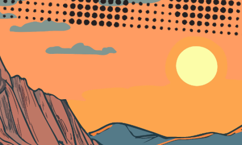 An illustrated landscape of mountains, trees, and a river at sunset, with the text "Trailblazers &amp; Stargazers: Rocky Mountain Adventures