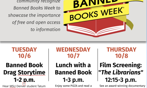 Poster for Banned Books Week lists library events Oct. 6–8: a drag storytime, lunch and a film screening; bold red and yellow design promotes open access.