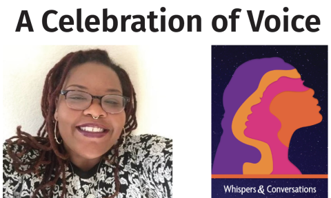 Portrait of a smiling woman with red dreadlocks and glasses beside a colorful book cover. Text above reads, "Whispers & Conversations: A Celebration of Voice."