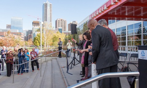 Auraria Library ribbon cutting ceremony at the front entrance