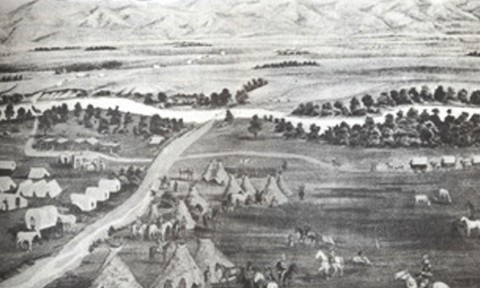 Sketch drawing of early Auraria, camp site for Native Americans. 