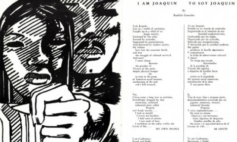 Black and white sketch along side of Yo Soy Joaquin poem