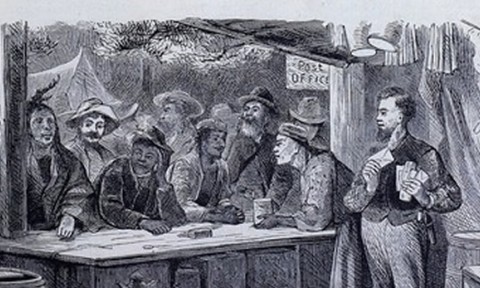 An engraving of Americans and Indians at a post office in the 1800s 