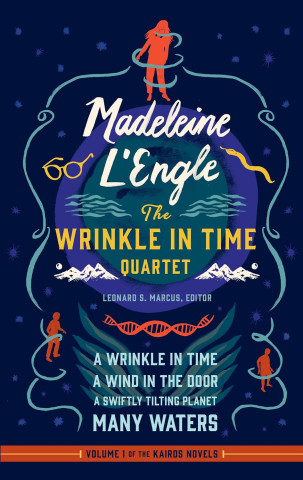 Retro book-cover illustration for “A Wrinkle in Time Quartet” by Madeleine L’Engle, with a red-haired figure, glasses, waves, mountains, and a starry navy backdrop.