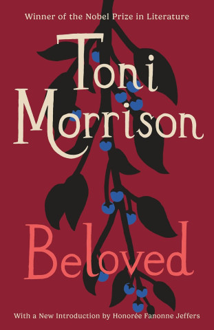 Book cover for Toni Morrison’s *Beloved*: cream and pink lettering over a deep red background, with a dark branch and blue berries; notes her Nobel Prize.