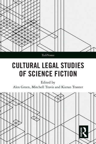 An academic setting featuring books and articles on cultural legal studies within the realm of science fiction.