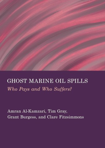 Cover of "Ghost Marine Oil Spills: Who Pays and Who Suffers?" with abstract pink and purple brush strokes and authors' names below.