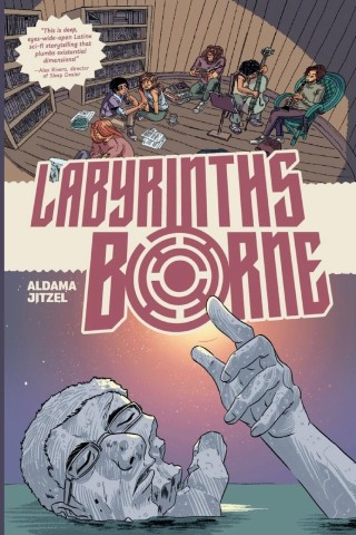 Illustrated book cover for "Labyrinths Borne." Diverse group in a library, engaged in discussion. A giant hand rises from water, pointing upwards. Tone: mysterious, thought-provoking.