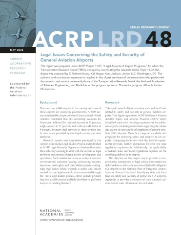 Cover of ACRP Legal Research Digest 48, titled "Legal Issues Concerning the Safety and Security of General Aviation Airports." Features an aerial view of three airplanes parked on airport tarmac. The document includes sections on background and foreword, published by the National Academies, May 2025.