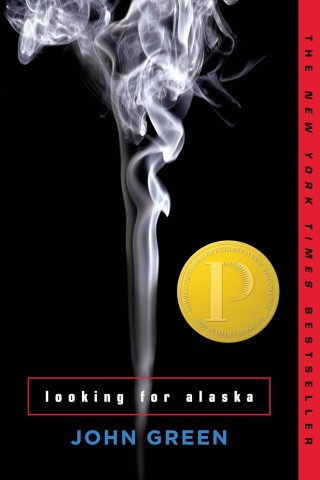 "Cover of 'Looking for Alaska' by John Green, featuring smoke on a black background and a gold award seal."