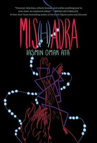 Cover of "Mis(h)adra" by Iasmin Omar Ata features a geometric, abstract illustration of an arm surrounded by glowing, blue spheres on a black background.