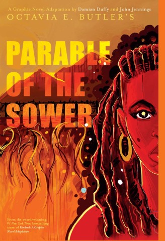 Cover of "Parable of the Sower" by Octavia E. Butler, featuring a dystopian landscape and a determined young woman.