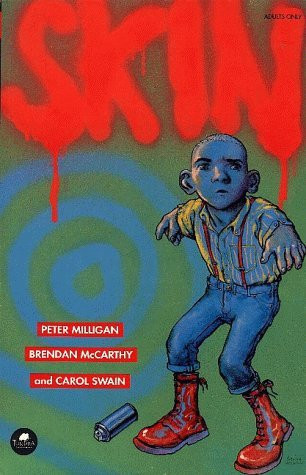 Cover of "Skin" comic. A blue-toned boy with a determined expression stands against a graffiti backdrop. He wears suspenders, jeans, and red boots.