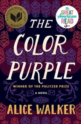 "Cover of 'The Color Purple' by Alice Walker, featuring floral patterns and award seals."