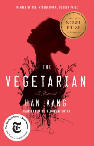 Cover of "The Vegetarian" by Han Kang, featuring a silhouette of a woman against a red background with black floral motifs. Includes award badges.