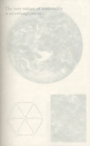 Faded page with the text “The very nature of materiality is an entanglement,” a cloudy circle, geometric hexagon, and textured rectangle.