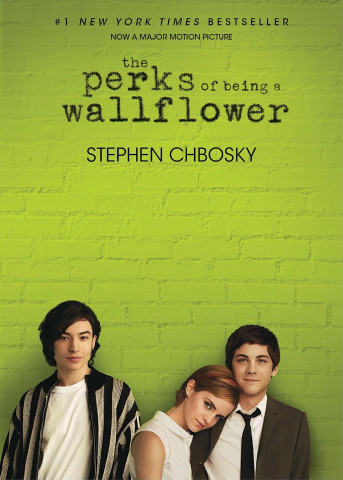 Book cover for Stephen Chbosky’s *The Perks of Being a Wallflower*, featuring three teens against a bright green brick wall; its restrained pose suggests youthful vulnerability.