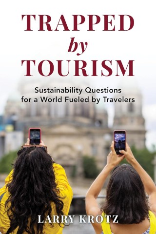 A traveler contemplates sustainability challenges in a bustling tourist destination, highlighting the impact of tourism on the environment.