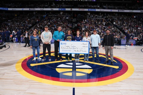 Library Awarded $10,000 Grant Dawn Zoni (far left) represented Auraria Library among several Denver Metro Area organizations awarded Kroenke Sports Charities grants at Ball Arena’s center court on Jan. 10, 2025. (Credit: Garrett Ellwood Photography)
