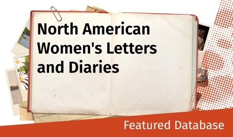 Open book with “North American Women's Letters and Diaries” text. Surrounding it are scattered old photos. Red dotted design accents the lower right.