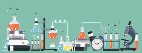 llustration of a science laboratory setup, featuring various laboratory equipment such as flasks, test tubes, beakers, a Bunsen burner, and a microscope. Several books are stacked, and scientific experiments are shown with liquids in different colors, creating bubbles. A clock and some chemical apparatus are also visible, set against a green background