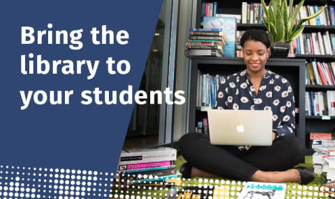 Photo of woman on the floor with books and text: "Bring the library to your students"