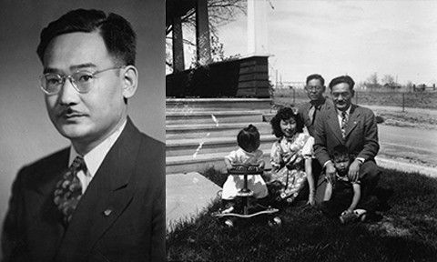 The Minoru Yasui Collection. Image Source: Auraria Library Digital Collection Left: Black and white portrait photo of Minoru Yasui. Right: Black and white photo of Yasui and his family in front of their Denver home.
