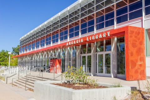 Modern library exterior with glass facade and bold red accents labeled "Auraria Library." Sunny day with stairs and sunflowers leading to entrance.