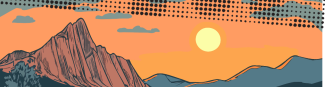 An illustrated landscape of mountains, trees, and a river at sunset, with the text "Trailblazers &amp; Stargazers: Rocky Mountain Adventures