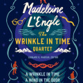 Retro book-cover illustration for “A Wrinkle in Time Quartet” by Madeleine L’Engle, with a red-haired figure, glasses, waves, mountains, and a starry navy backdrop.