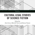 An academic setting featuring books and articles on cultural legal studies within the realm of science fiction.