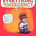 Cover art of "Everything is an Emergency" by Jason Adam Katzenstein. A cartoon man, looking anxious with a box on his head, is seated on a red-orange background. Speech bubble reads, “An OCD Story in Words & Pictures.”