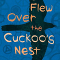 Book cover for Ken Kesey’s *One Flew Over the Cuckoo’s Nest*, with playful peach lettering over a dark bird silhouette and blue gears, evoking an eerie, mechanical mood.