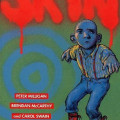Cover of "Skin" comic. A blue-toned boy with a determined expression stands against a graffiti backdrop. He wears suspenders, jeans, and red boots.