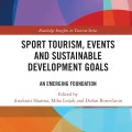 Bold, abstract geometric cover in orange, blue, and purple hues. Title: "Sport Tourism, Events and Sustainable Development Goals." Editors: Anukrati Sharma et al.