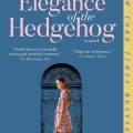 Cover of "The Elegance of the Hedgehog" by Muriel Barbery. A girl in a plaid dress walks on a wooden floor toward an ornate blue door. Blue background with pink and white text.