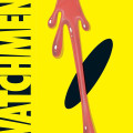 Bright yellow HBO *Watchmen* poster featuring a glossy red, blood-like smear over a black shadow, with vertical title text and DC creator credits; stark, ominous tone.