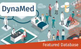Illustration of diverse medical staff and patients in a healthcare setting with a 'DynaMed' logo. Includes doctors, a patient in bed, a person in a wheelchair, and a family. The bottom features 'Featured Database' text on a red banner.