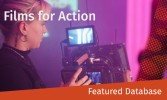Auraria Library Featured Database - Films for Action. A person operates a professional video camera in a studio setting with the text "Films for Action" and "Featured Database" overlaid.