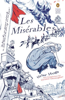 Illustrated cover of "Les Misérables" by Victor Hugo, showing a woman kneeling near barricades with soldiers and smoke in the background. Title and author’s name are prominently displayed.