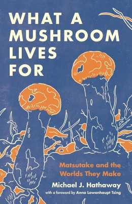 Book cover of "What a Mushroom Lives For" by Michael J. Hathaway. Features illustrated orange mushrooms on a navy background with white text.