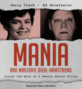 Split image of a woman in two stages of life; left: smiling, right: serious. Title "Mania" in bold red. Tone: ominous, intriguing.