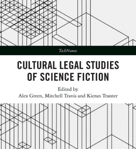 An academic setting featuring books and articles on cultural legal studies within the realm of science fiction.