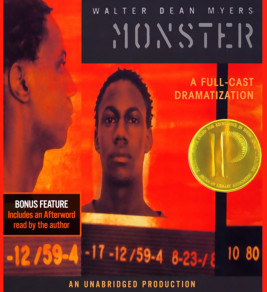 Audiobook cover for Walter Dean Myers’s *Monster*, featuring a young Black man against a fiery red-orange background, with dramatic, tense crime imagery.