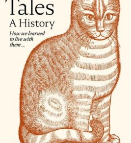 Illustrated book cover titled "Cat Tales: A History" by Jerry D. Moore. Features a detailed, sepia-toned drawing of a sitting cat, conveying a vintage feel.